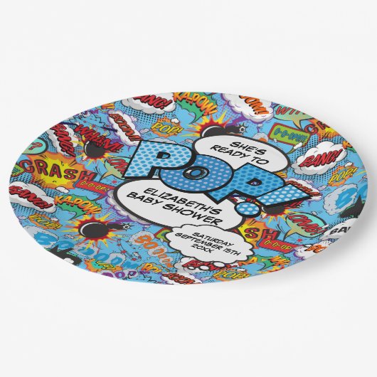 Klaar om te barsten Baby Shower Blauwe Stripboek Papieren Bordje (Gekanteld)