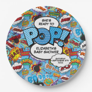 Klaar om te barsten Baby Shower Blauwe Stripboek Papieren Bordje