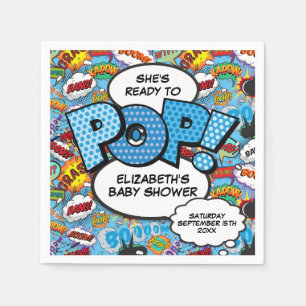 Klaar om te barsten Baby Shower Blauwe Stripboek Servet