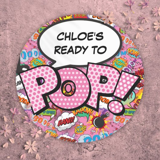 Klaar om te POP Comic Book Baby Shower Strooi Roze Ronde Sticker