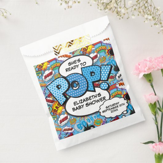 Klaar om te Poppen Baby shower Blue Comic Book Bedankzakje (Gezegeld)