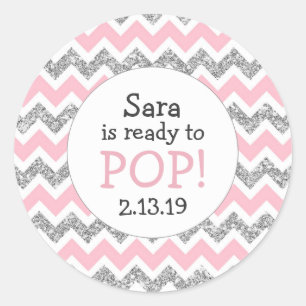 Klaar om te Poppen Baby shower Favor roze zilveren Ronde Sticker