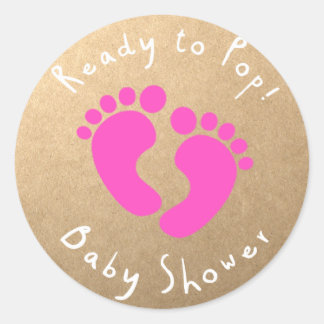 Klaar om te Poppen Baby shower Roze voetafdrukken Ronde Sticker