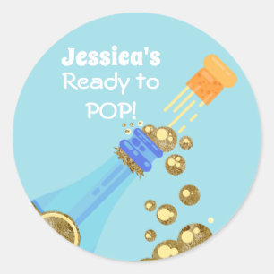 Klaar om te Poppen Champagne Baby Blue Shower Favo Ronde Sticker
