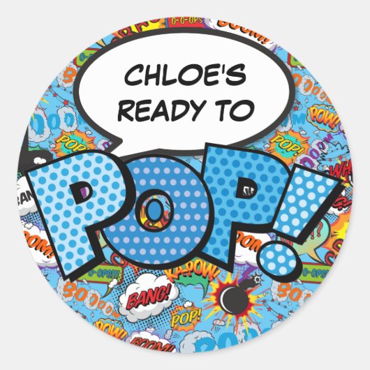 Klaar om te POPPEN Comic Book Baby shower Sprinkle Ronde Sticker (Voorkant)