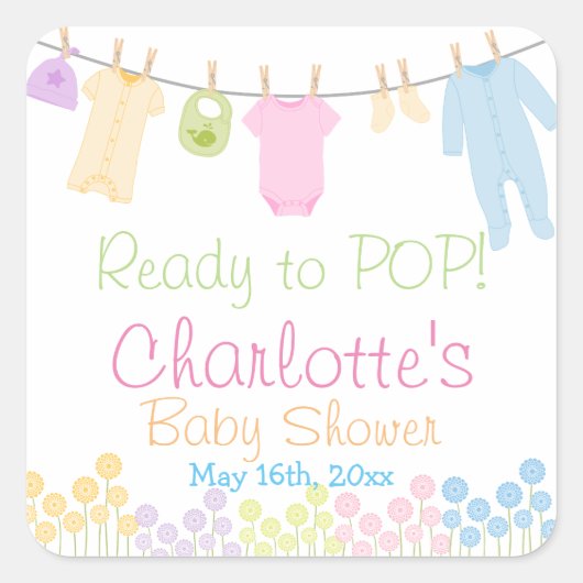 Klaar om te POPPEN! Kleding Baby shower Party Vierkante Sticker (Voorkant)