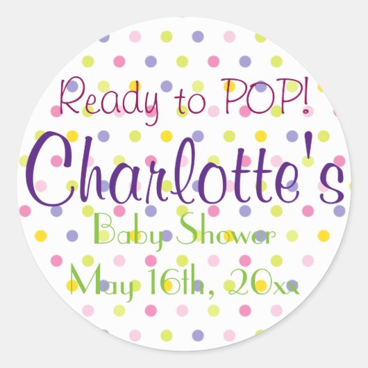 Klaar om te POPPEN! Pastel Polka Dot Baby shower Ronde Sticker (Voorkant)