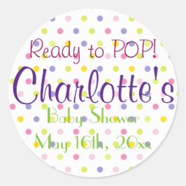 Klaar om te POPPEN! Pastel Polka Dot Baby shower Ronde Sticker