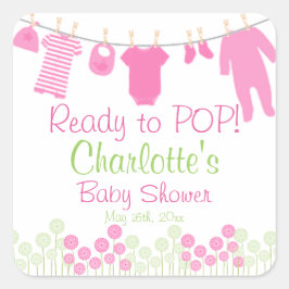 Klaar om te POPPEN! Roze Clothesline Baby shower Vierkante Sticker