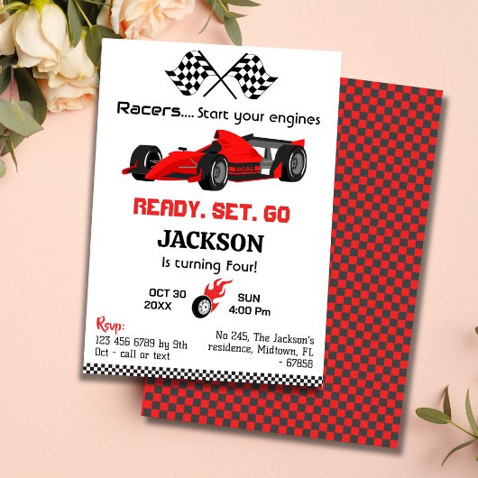 Klaar set go rode raceauto moderne 4e verjaardag kaart