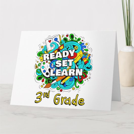 Klaar, start, leren – naar school 3e klas kinderen bedankkaart (Voorkant)