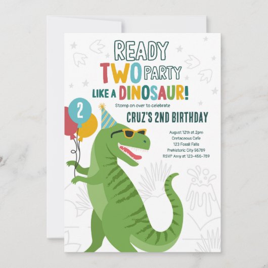 Klaar Twee Partij Dinosaurus T-Rex 2e Verjaardag P Kaart (Voorkant)