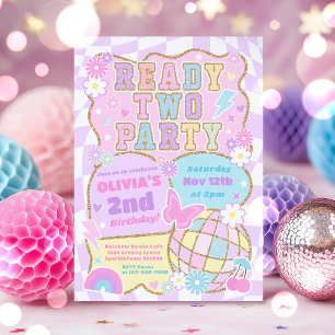 Klaar Twee Partij Groovy Preppy Varsity 2e Verjaar Kaart