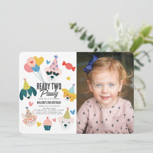 Klaar Twee Pawty Honden & Kat Foto 2e verjaardag Kaart (Staand voorkant)