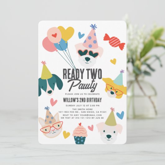 Klaar Twee Pawty Honden & Kattenballonnen 2e verja Kaart (Staand voorkant)