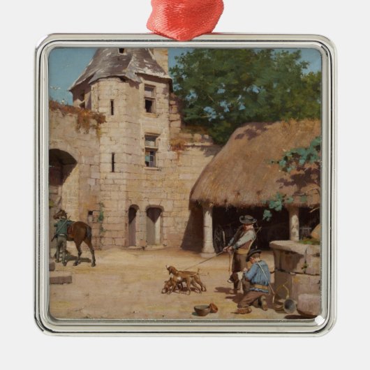 Klaar voor de jacht (middeleeuwse scène) metalen ornament (Voorkant)