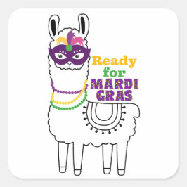 Klaar voor mardi Gras llama maskerkralen veren ver Vierkante Sticker