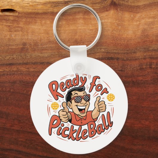 Klaar voor Pickleball Cartoon Thumbs Up Guy Sleutelhanger (Voorkant)