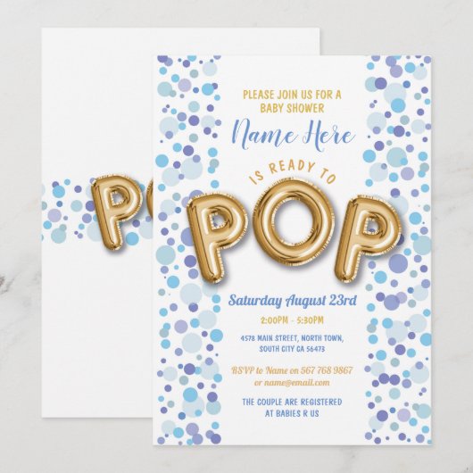 Klaar voor POP Baby shower Gold & Blue Invite Kaart (Voorkant / Achterkant)