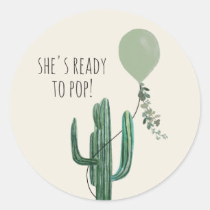 Klaar voor Pop Ballon Cactus Neutraal Baby shower Ronde Sticker