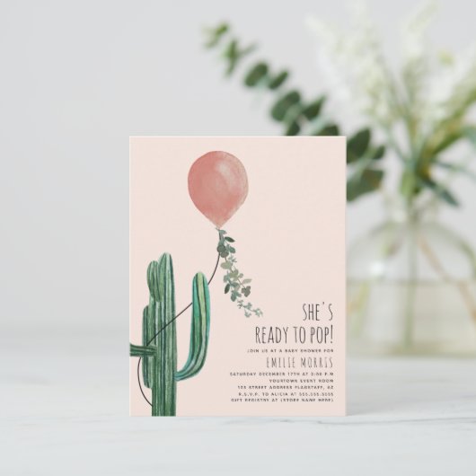 Klaar voor Pop ballon Cactus Roze Baby shower Kaart (Staand voorkant)
