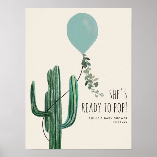 Klaar voor Pop blauw ballon Cactus Boy Baby shower Poster (Voorkant)