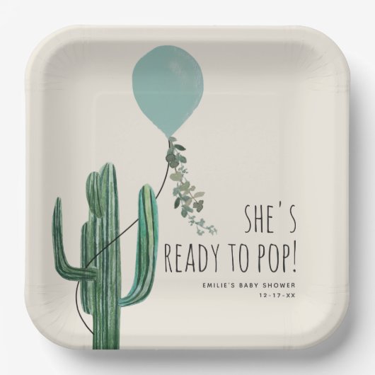 Klaar voor Pop Blauwe Ballon Cactus Boy Baby showe Papieren Bordje (Voorkant)