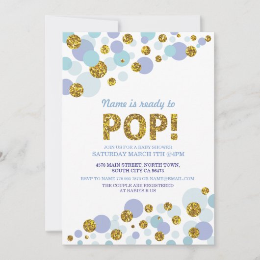 Klaar voor Pop Boy Baby shower Blue Gold Invite Kaart (Voorkant)