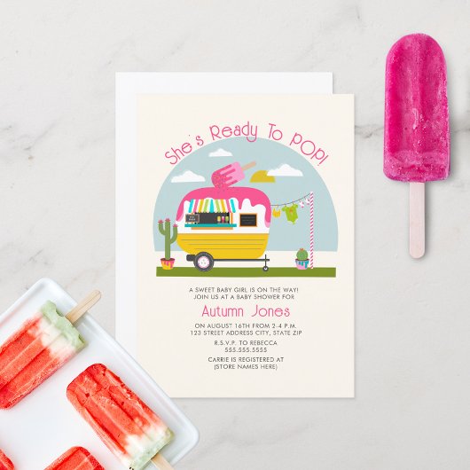 Klaar voor Pop Ice Pop Truck Camper Pink Baby show Kaart
