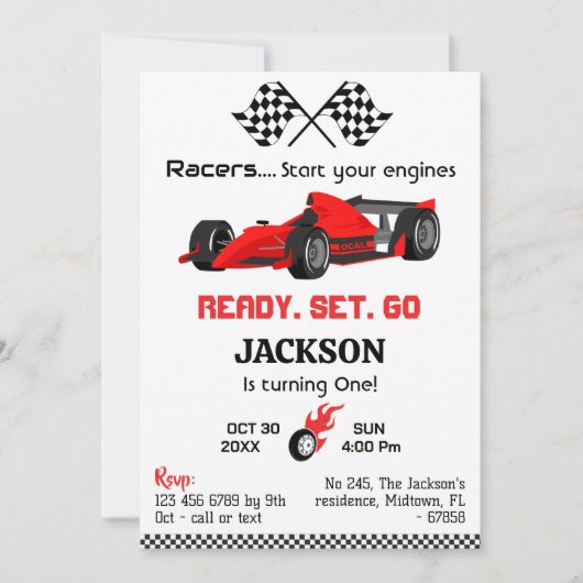 Klaar voor rood raceauto moderne 1e verjaardag kaart (Voorkant)