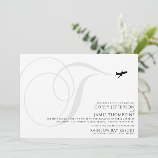 Klaar voor Take Off T Initiaal bruiloft uitnodigin Kaart (Staand voorkant)