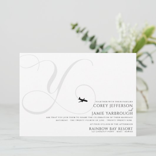 Klaar voor Take Off Y Initiaal bruiloft uitnodigin Kaart (Staand voorkant)
