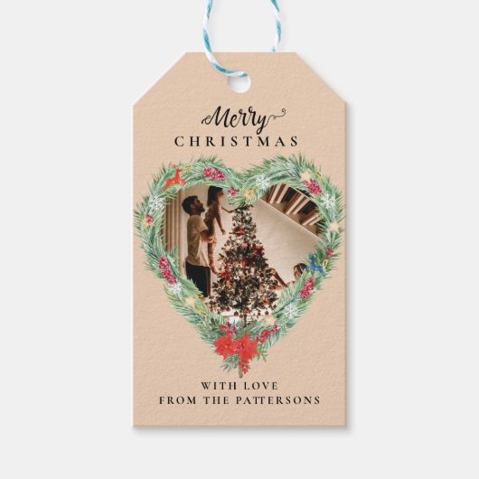 Klantenspecifiek fotohart voor prettig kerstfeest cadeaulabel (Voorkant)