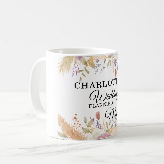 Klantspecifiek, bloemig "Bruiloft-Planning-Mok" Koffiemok (Voorkant links)