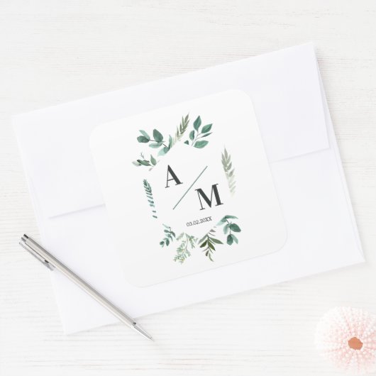 Klantspecifiek Monogram blad Vierkante Sticker (Envelop)
