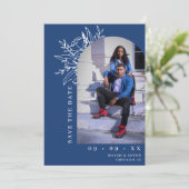 Klantvriendelijke Blauwe Botanische Bloemrijke Boo Save The Date (Staand voorkant)