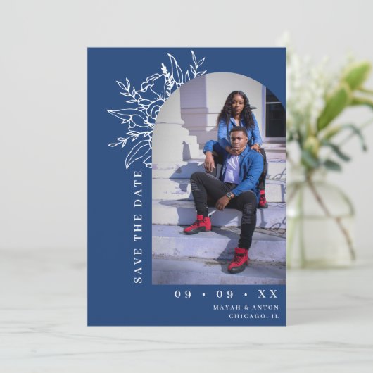 Klantvriendelijke Blauwe Botanische Bloemrijke Boo Save The Date (Staand voorkant)