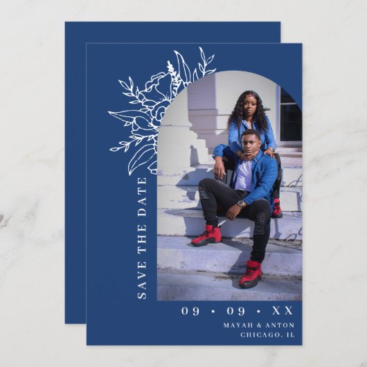 Klantvriendelijke Blauwe Botanische Bloemrijke Boo Save The Date (Voorkant / Achterkant)