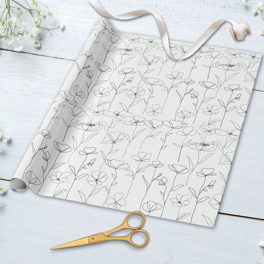 Klapperbloem Wilde Bloem Zwart en Wit Minimalistis Cadeaupapier