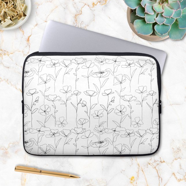 Klapperbloem zwart-wit minimalistische bloem laptop sleeve (In situ)