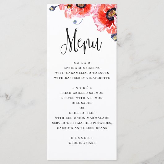 Klapperbloemen. Waterverf rode bloemige bruiloft Menu (Voorkant)
