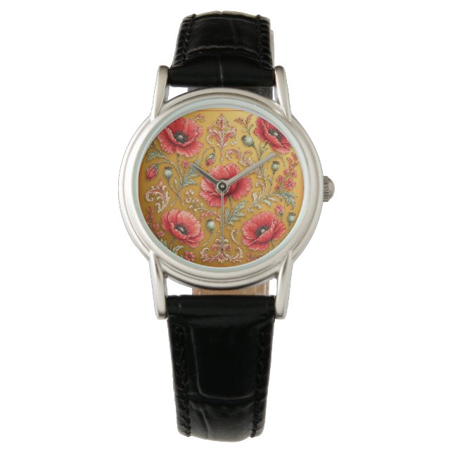 Klaproos bloem gouden ontwerp horloge (Voorkant)