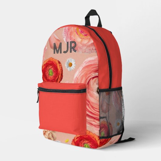 Klaproos Bloem Koraal Kleur Blok Monogram Bedrukte Rugzak (Achterkant Hoek Rechts)