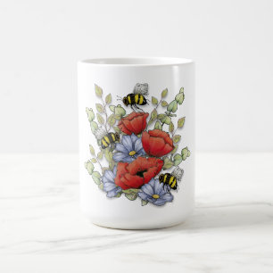 Klaproos Bloemen en Bijen Digitale Tekening, Botan Koffiemok
