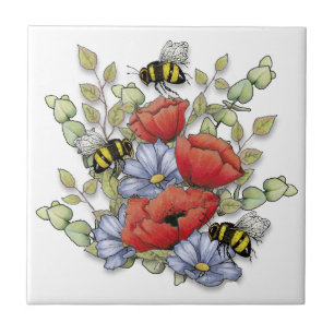 Klaproos Bloemen en Bijen Digitale Tekening, Botan Tegeltje