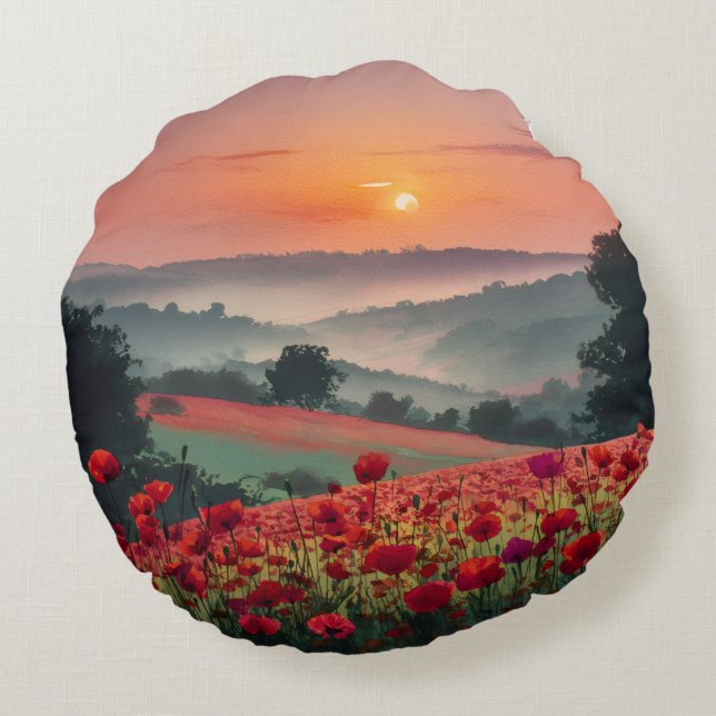 Klaproos Landschap. Rond Kussen (Achterkant)