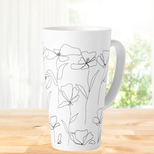 Klaproos Wilde Bloem Zwart en Wit Minimaal Bloemmo Latte Mok