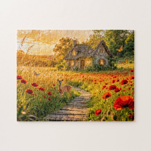 Klaproosveldhuisje met houten pad legpuzzel (Horizontaal)