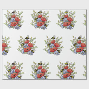 Klaprozen en Bijen Digitaal Tekenen, Botanisch Cadeaupapier