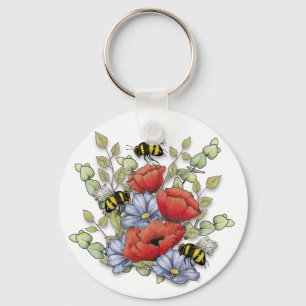 Klaprozen en Bijen Digitale Tekening, Botanisch  Sleutelhanger
